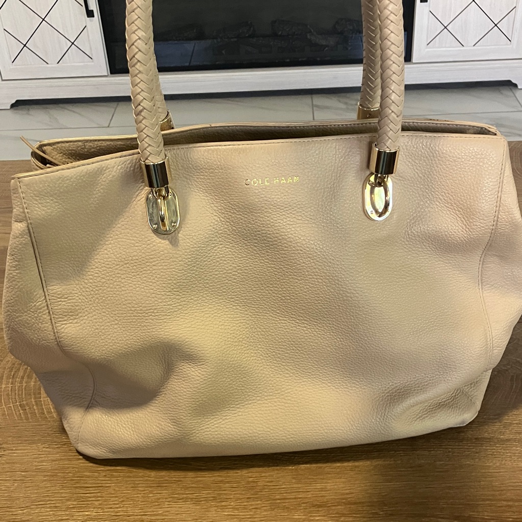 Cole Haan Light Beige Pebbled Leather Tote With Braided Handles